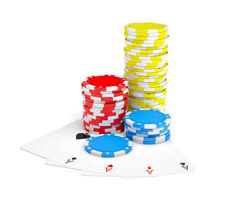 3d rendering of multicolored casino chips with four different ace cards isolated on a white background.の写真素材