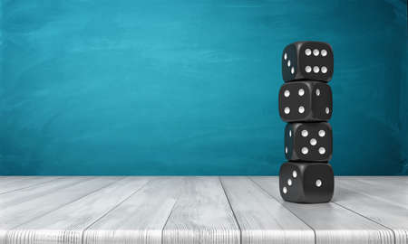 3d rendering of four black dice with white dots stand on each other in a column on a wooden desk on a blue background.の写真素材