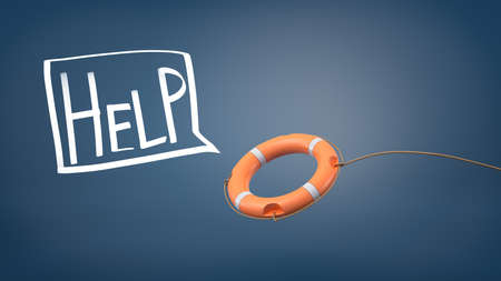 3d rendering of a orange life buoy thrown on a rope near a white speech bubble with a word Help written inside.の写真素材
