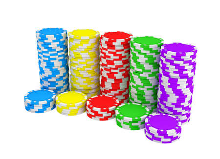 3d rendering of several stacks of gambling chips in green, yellow, red, blue and purple colors on a white background.の写真素材
