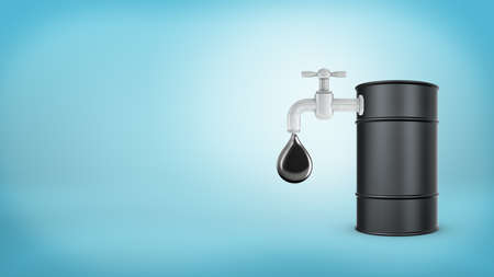 3d rendering of a large black barrel stands with a faucet in its side leaking large oil drops on a...
