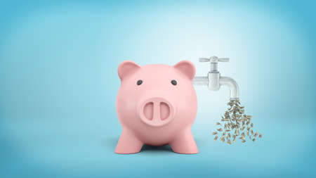 3d rendering of a pink piggy bank stands in front view with a faucet leaking dollar bills attached to its side.の写真素材