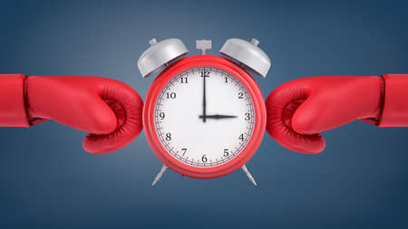 3d rendering of a red retro alarm clock stands between red boxing gloves surrounding it from two sides.の写真素材