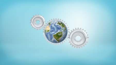 3d rendering of a three metal gears interlocked together where one gear has an Earth globe inside it.の写真素材