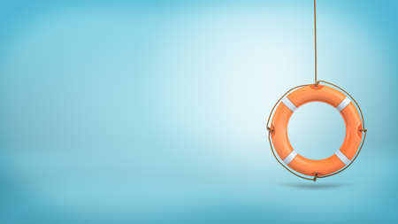 3d rendering of a single orange life buoy hangs down from a rope on a blue background.