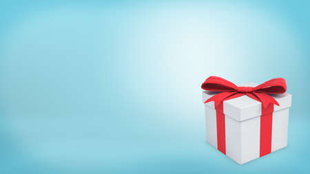 3d rendering of a single white gift box stands with a closed lid and tied with a red bow on a blue backgrounds.の写真素材