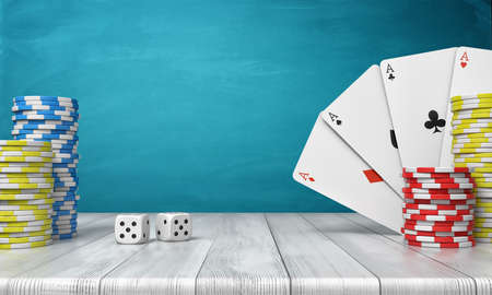 3d rendering of a stacks of casino chips with four ace cards on a wooden table on a blue background.の写真素材