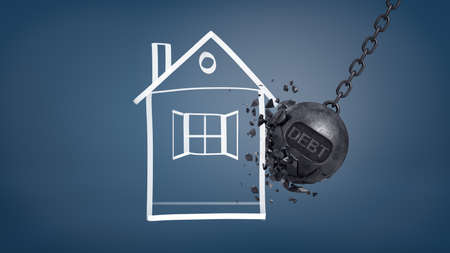 3d rendering of a black swinging wrecking ball with a written word Debt smashes against a chalk drawing of a house.の写真素材