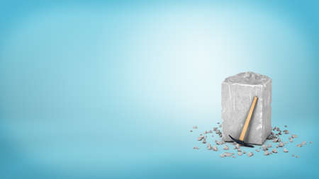 3d rendering of a large grey piece of rough grey stone with a small hammer leaning on it on blue background.の写真素材