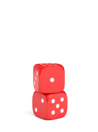 3d rendering of two red dice with white pips standing vertically on a white background.の写真素材