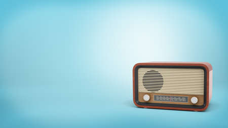 3d rendering of retro-style radio set in brown color with a speaker and tuner knobs stands on blue background.の写真素材