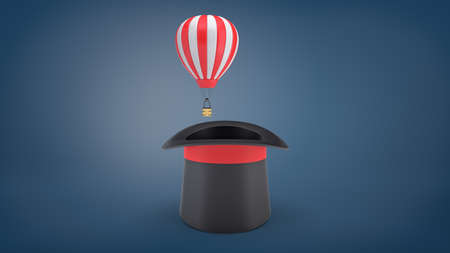 3d rendering of small red and white hot air balloon flying out of a large black illusionists hat.の写真素材