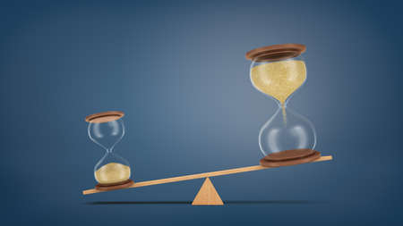 3d rendering of a wooden seesaw with two hourglasses, where a small piece overweighs a large one.の写真素材