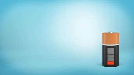 3d rendering of a single large orange and black battery with a low red charge indicator stands on a blue background.の写真素材