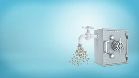 3d rendering of a old-fashioned metal safe box stands with a faucet connected to its side wall and leaking a lot of banknotes.の写真素材