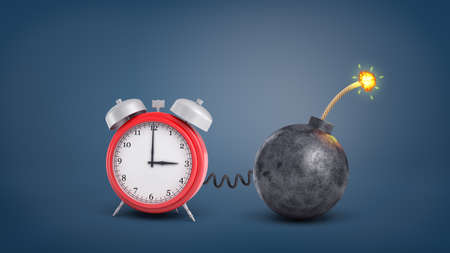 3d rendering of a large red retro alarm clock connected by wire to a round iron lit bomb.の写真素材