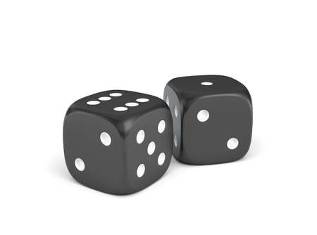 3d rendering of two black dice with white dots standing close to each other on a white background.の写真素材