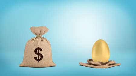 3d rendering of a tied-up brown sack with a dollar sign near an open sack with a large golden egg.の写真素材