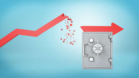3d rendering of a red statistic arrow with a broken pointer that has fallen to rest on a large metal safe box.の写真素材