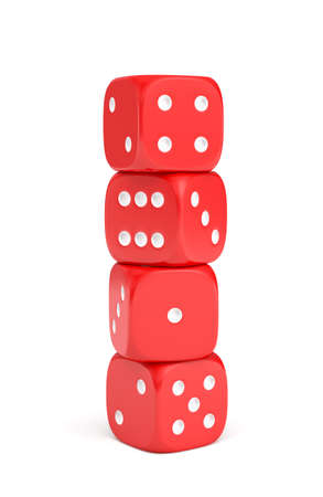 3d rendering of red dice with white pips standing vertically on a white background.の写真素材