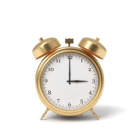 3d rendering of a retro alarm clock covered in gold standing on a white background.の写真素材
