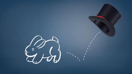 3d rendering of a chalk drawn rabbit jumps out of a magicians hat leaving a dotted line as its trail...