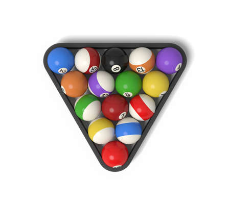 3d rendering of many billiard balls with colorful stripes and numbers inside a rack.