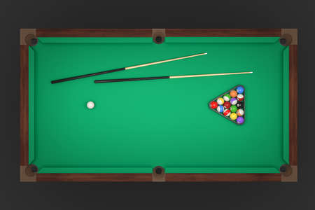 3d rendering of a billiards table with two cue sticks and a rack with balls in top view.の写真素材