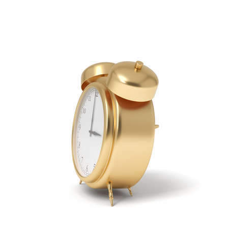 3d rendering of a retro alarm clock covered in gold standing on a white background.の写真素材