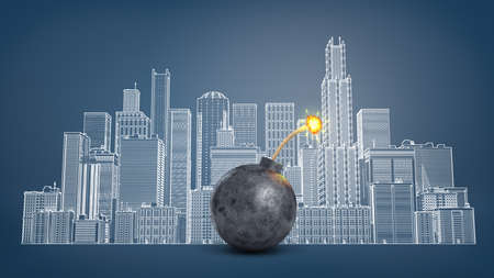 3d rendering of a big black iron bomb with a lit fuse stands in front of a blackboard with a cityscape drawing.の写真素材