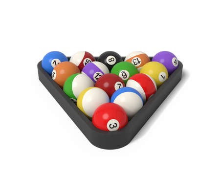 3d rendering of many billiard balls with colorful stripes and numbers inside a rack.の写真素材
