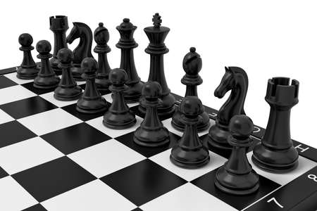 3d rendering of a full set of the black chess units standing in their starting positions.の写真素材