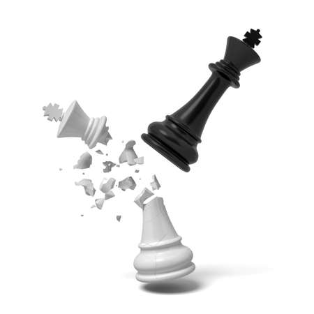 3d rendering of a black chess king breaks a white king that cracks and falls on a white background.の写真素材