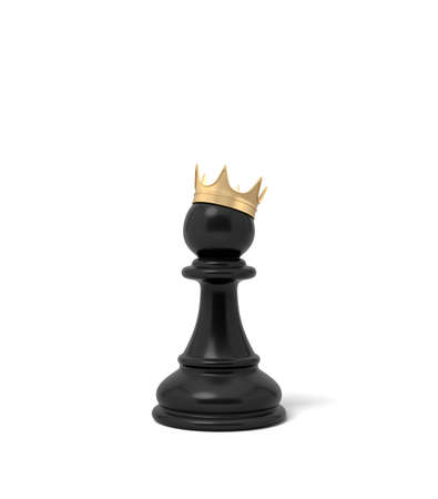3d rendering of a black chess pawn piece with a golden crown sitting on top of it.の写真素材