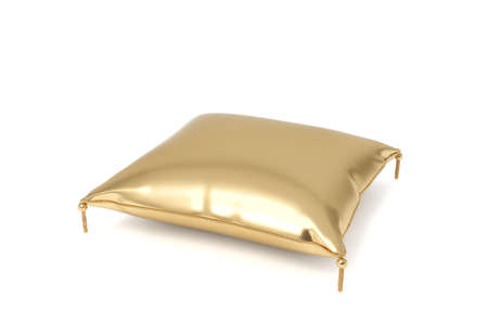 3d rendering of a pillow made of golden fabric with gold trim and intricate tassels.の写真素材