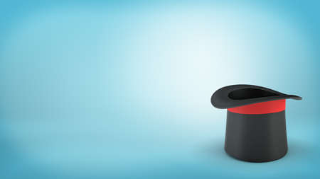 3d rendering of a single black illusionist hat with a red ribbon stands upside down on a blue background.の写真素材