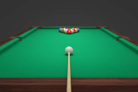 3d rendering of a cue stick ready to hit a single ball facing many other balls forming a triangle.の写真素材