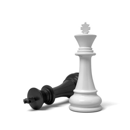 3d rendering of a white king piece standing near a fallen black piece on a white background.の写真素材