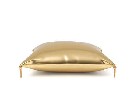 3d rendering of an isolated golden pillow with hanging tassels on its corners.の写真素材