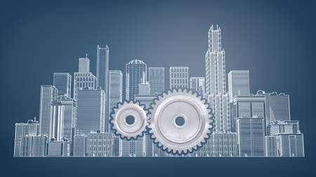 3d rendering of a two interlocking gears inside a large drawn picture of city buildings on a blue background.の写真素材