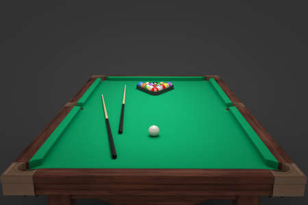 3d rendering of a billiards table with two cue sticks and a rack with balls on its surface.の写真素材