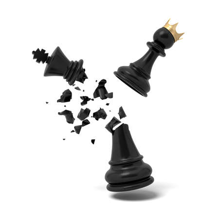 3d rendering of a cracked black chess king piece breaks under a flying white pawn with a golden crown.の写真素材