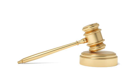 3d rendering of an isolated judge gavel resting on a sound block on a white background.の写真素材