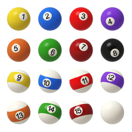 3d rendering of a complete set of billiard balls in front view with different colors and numbers.の写真素材