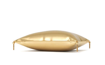 3d rendering of a pillow made of golden fabric with gold trim and intricate tassels.の写真素材