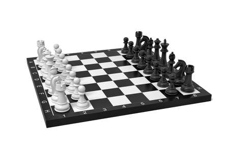 3d rendering of a chess board with a full set of figures in the starting position.の写真素材