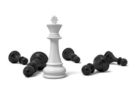 3d rendering of a single standing white chess king piece among many fallen black pawns.の写真素材