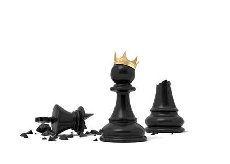 3d rendering of a black chess pawn wearing a gold crown and standing near a broken black king piece.の写真素材