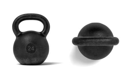 3d rendering of two black metal 24 kg kettlebells, one in front view and one in top view.の写真素材