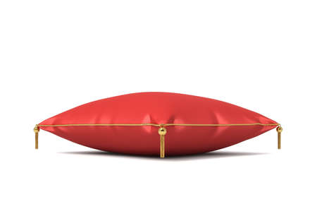 3d rendering of a red silk royal pillow with golden tussels isolated on a white background.の写真素材